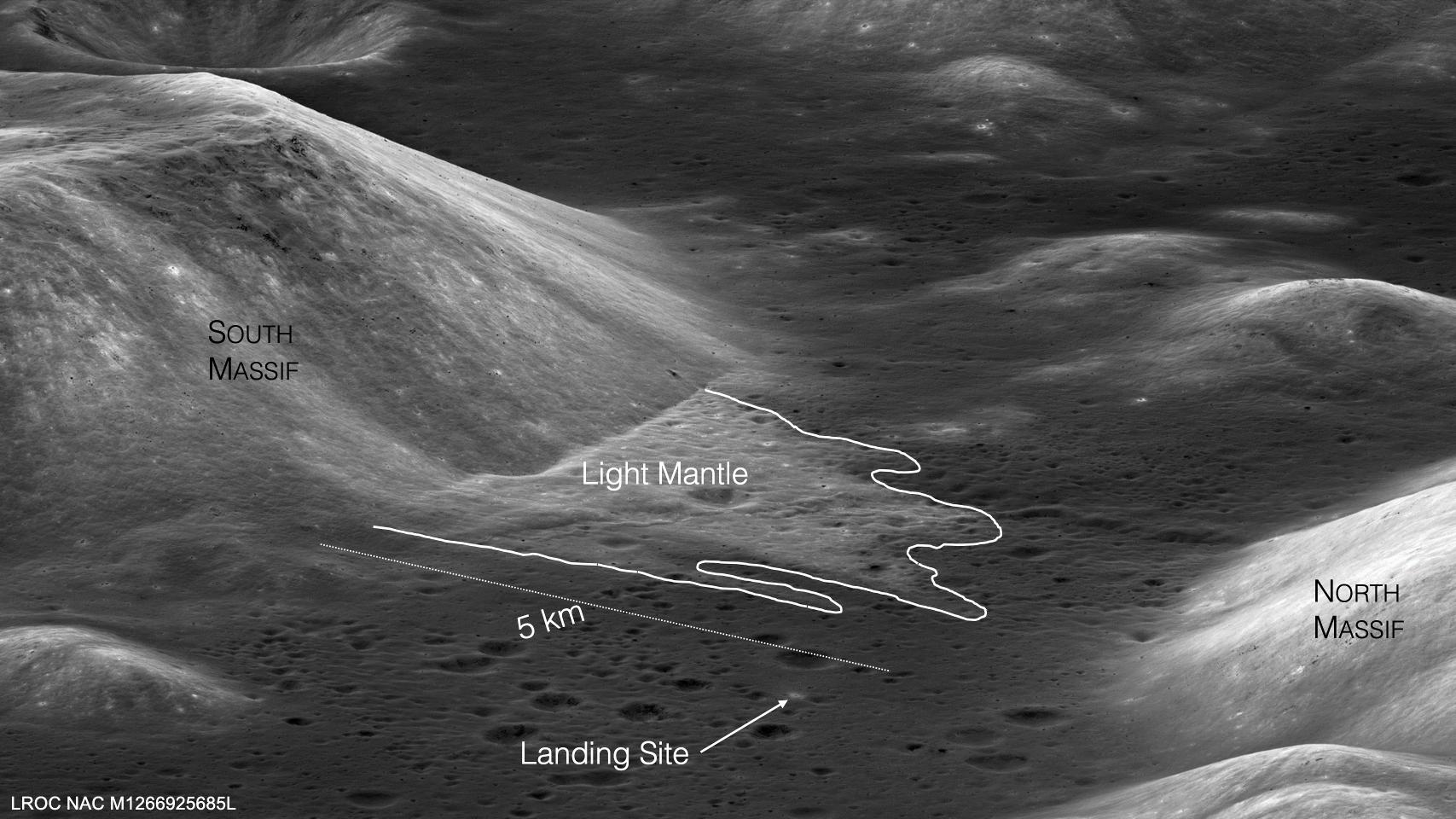 View of Light Mantle deposit in Taurus-Littrow Valley on the Moon