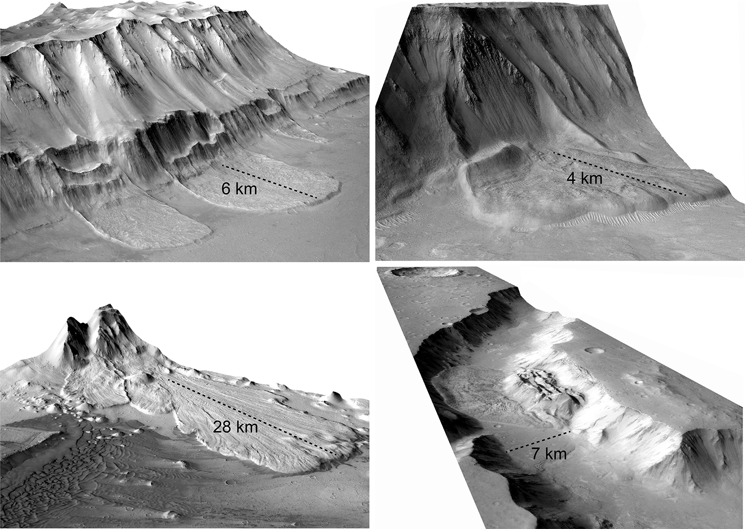 View of four landslides on Mars in 3D