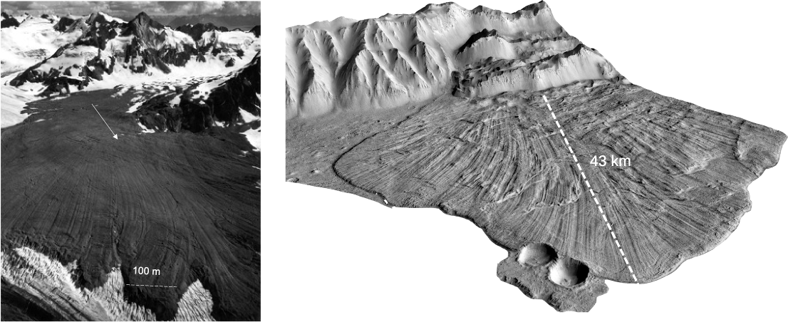 Terrestrial and martian landslides with longitudinal ridges